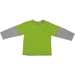 A green and grey kid's double sleeve T-shirt with long sleeves and a shoulder button detail. It features a logo.