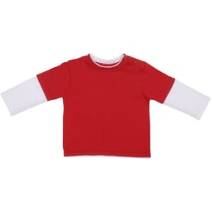 A red double sleeve T-shirt with white sleeves, featuring a button detail at the shoulder and a logo.