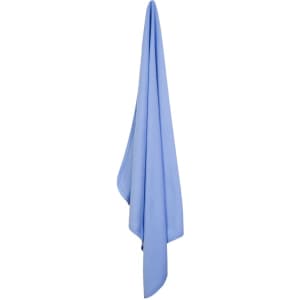 A baby blanket in soft blue, hanging to display its smooth texture. It features a subtle branding logo.