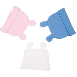 Three beanies in pink, blue, and white, each featuring ears on the top, with one displaying a logo.