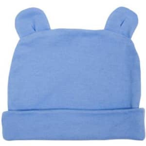 A blue beanie with rounded ears on top, featuring a fold-over cuff. It has a simple design with no visible branding.