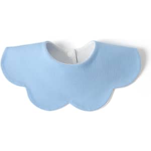 A blue, scalloped-edge bib made from 100% organic cotton with a button fastener at the back.