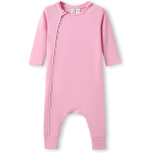 A pink hooded organic cotton baby suit with long sleeves and a zip closure. It features a logo on the label.