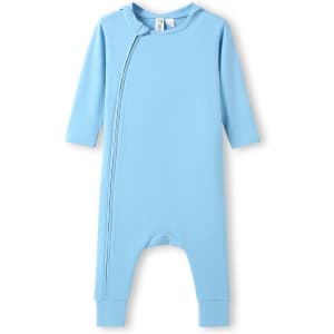 A light blue hooded organic cotton baby suit with long sleeves and a zip detail. It features a simple design and has a logo.