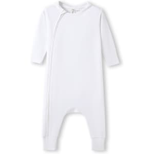 A white hooded baby suit made of organic cotton, featuring long sleeves and a front zip. It has a branding logo.