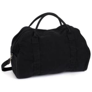 A black duffle bag with two handles and a shoulder strap, featuring a zip closure and a logo.