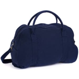 A navy blue duffle bag with two handles and an adjustable shoulder strap, featuring a logo.
