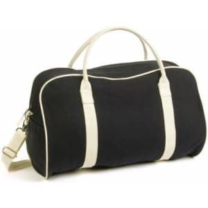 A black bag with cream-coloured accents and handles, featuring a detachable shoulder strap. It has a logo.