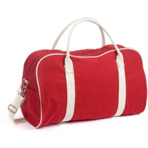 A red contrast bag with white handles and trim, featuring a detachable shoulder strap.