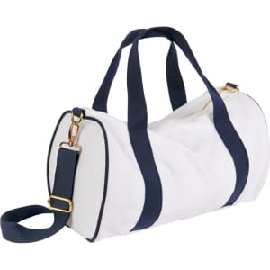 A white Mini Contrast Bag with navy handles and strap, featuring a stylish design and a gold-tone zipper.