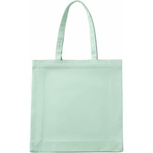A light mint green tote bag with two handles and a simple design. It features a logo.