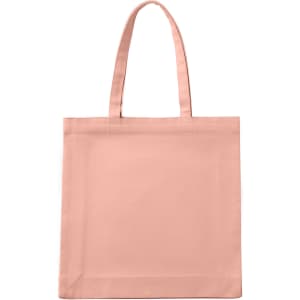A pink tote bag with long handles and a plain design, featuring a logo.