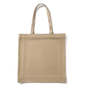 A tan heavy tote bag with long handles and a square shape, featuring an unbranded design.