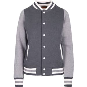 A women's junior varsity jacket in grey with contrasting grey sleeves and white details, featuring a logo.
