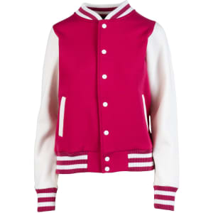 A pink and white women's varsity jacket with striped cuffs and pockets, featuring a logo.