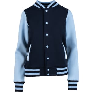 A navy and sky blue women's varsity jacket with a buttoned front and striped cuffs. It features a logo on the front.
