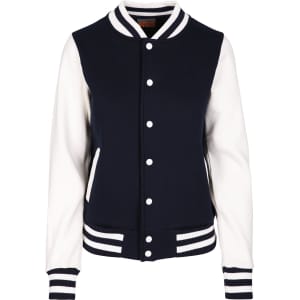 A navy and white women's varsity jacket featuring a button front and striped ribbed cuffs. It has a logo on the chest.
