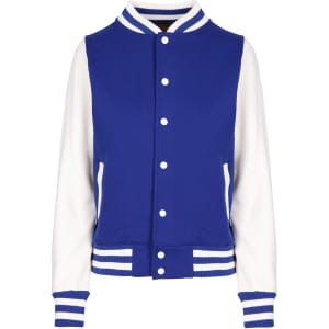A blue and white women's junior varsity jacket featuring a logo, with striped cuffs and collar.