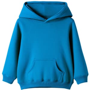 A turquoise baby fleece hoodie with a front pocket and a hood, featuring long sleeves.