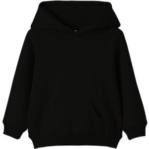 A black baby fleece hoodie with a front pocket and a hood, featuring a logo on the design.
