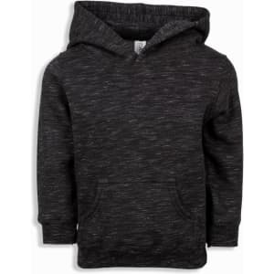A charcoal grey baby fleece hoodie featuring a front pocket and a hood, with a branded label.