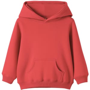 A red baby fleece hoodie featuring a front pocket and a hood. It has a logo on the label.