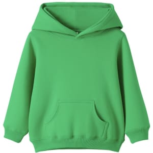 A green baby fleece hoodie with a front pocket and a hood. The product features a branding logo.