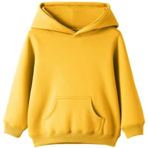 A yellow baby fleece hoodie with a front pocket and a hood. The garment features long sleeves and a casual design.