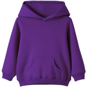 A purple baby fleece hoodie with a front pocket and a hood, featuring a logo on the design.