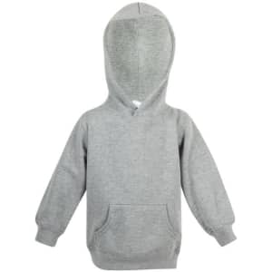 A grey baby fleece hoodie with long sleeves and a front pocket, featuring a hood and no visible logos.