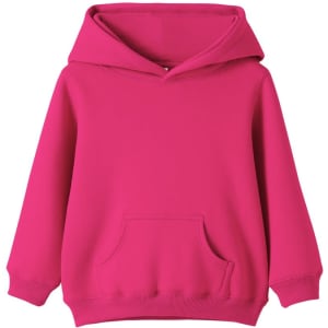 A pink baby fleece hoodie with a front pocket and a hood, displayed against a white background.