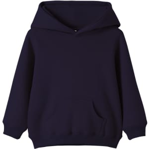 A dark navy baby fleece hoodie with a front pocket and a hood, featuring a logo on the chest.