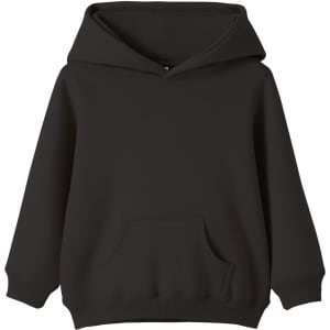 A baby fleece hoodie in dark grey with a front pocket and a large hood. It features long sleeves and a plain design.