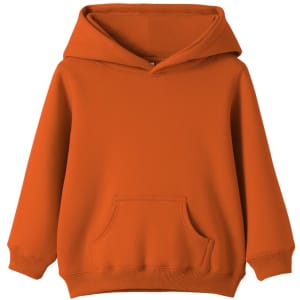 An orange baby fleece hoodie with a front pocket and a hood, featuring a logo.