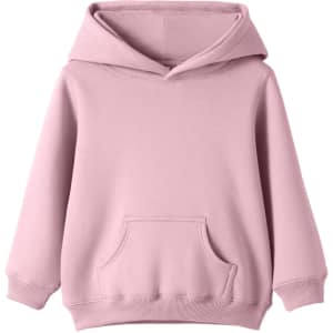 A pink baby fleece hoodie with a front pocket and long sleeves. The hoodie features a logo on the front.