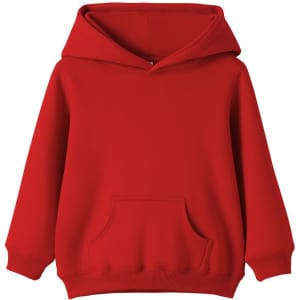 A red baby fleece hoodie featuring a front pocket and a hood, designed in a classic style.