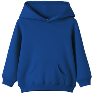 A blue baby fleece hoodie with a front pocket and a hood. The hoodie features long sleeve cuffs and a branding logo.