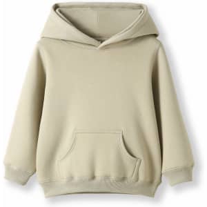 A baby fleece hoodie in a soft green colour featuring a front pocket and a hood. The design is simple and unbranded.