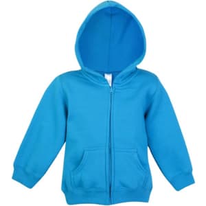 A blue fleece baby zip hoodie with a hood and front pockets, featuring a logo.