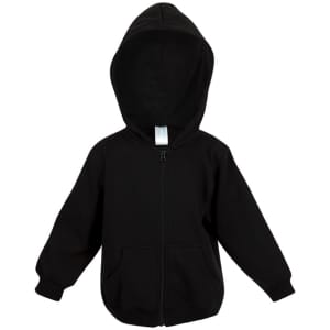 A black fleece baby zip hoodie with a hood and front pockets. Features a logo on the label.