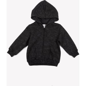 A black fleece baby zip hoodie featuring a hood and front pockets, with a logo present.