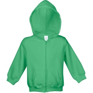 A green fleece baby zip hoodie with a front zip and two pockets. It features a hood and has a logo.