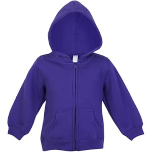 A purple fleece baby zip hoodie featuring a front pocket and a hood, with a logo on the inside tag.