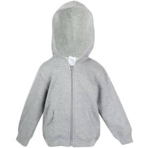 A grey fleece baby zip hoodie with a hood and two front pockets. Features a logo on the label.
