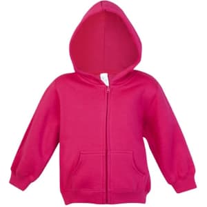 A pink fleece baby zip hoodie featuring long sleeves and a front pocket. It has a hood and a branding logo.