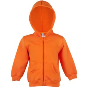 An orange fleece baby zip hoodie with a front pocket and a hood, featuring a logo.