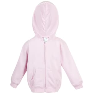 A pink fleece baby zip hoodie with a hood and pockets, featuring a logo on the front.