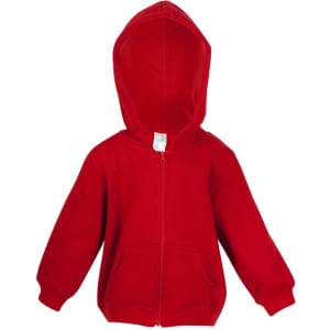 A red fleece baby zip hoodie with a hood and front pockets. It features a plain design and a logo tag.