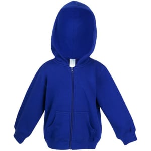 A blue fleece baby zip hoodie with a hood and front pockets. It features a logo on the front.
