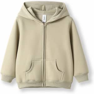 A khaki fleece baby zip hoodie with a front zip and two pockets. It features a hood and has a branding label.